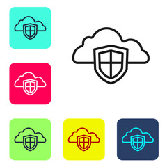 Black line Cloud and shield icon isolated on white background. Cloud storage data protection. Security, safety, protection, privacy concept. Set icons in color square buttons. Vector