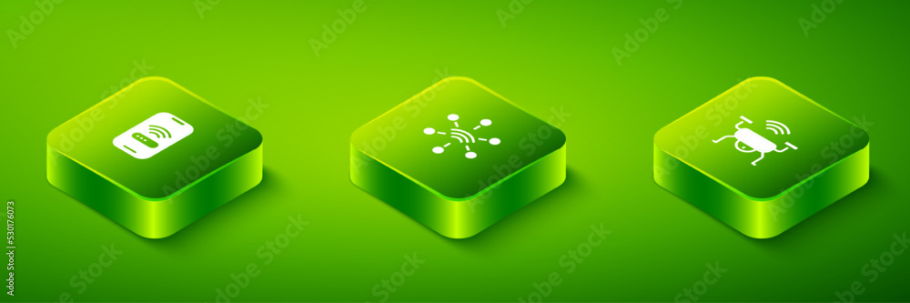 Aufkleber set isometric network, smart drone system and mobile with wi-fi wireless icon. vector