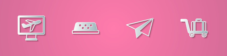 Set paper cut Plane, Taxi car roof, Paper airplane and Trolley baggage icon. Paper art style. Vector