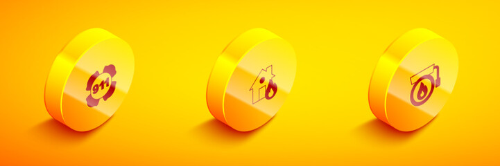 Set Isometric Emergency call 911, Fire in burning house and Ringing alarm bell icon. Vector