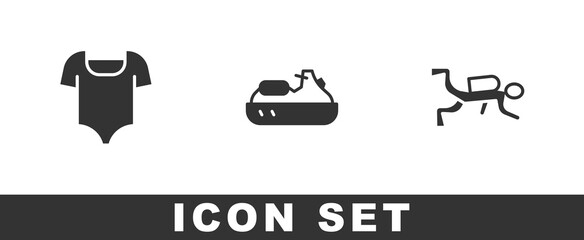 Set Swimsuit, Jet ski and Scuba diver icon. Vector
