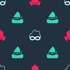 Set Swimsuit, Glasses for swimming and Yacht sailboat on seamless pattern. Vector