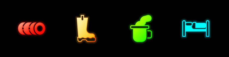 Set Blanket roll, Waterproof rubber boot, Cup tea and Bed icon. Vector