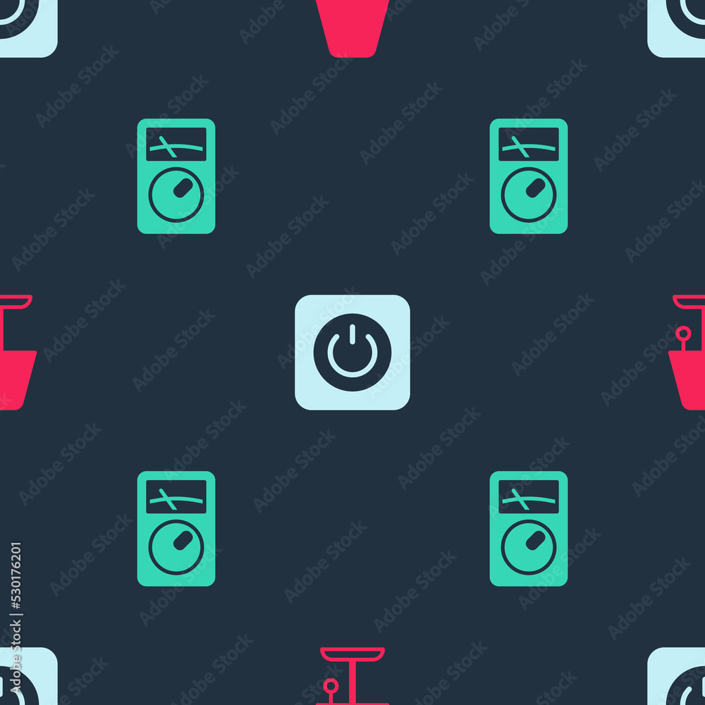 Poster set table lamp, power button and ampere meter, multimeter on seamless pattern. vector