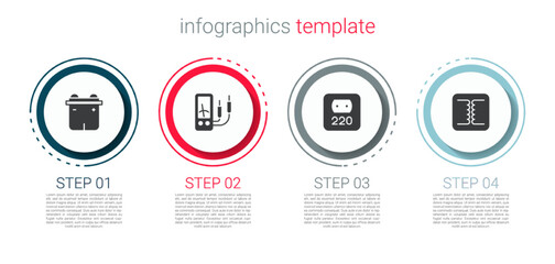 Set Car battery, Ampere meter, multimeter, Electrical outlet and transformer. Business infographic template. Vector