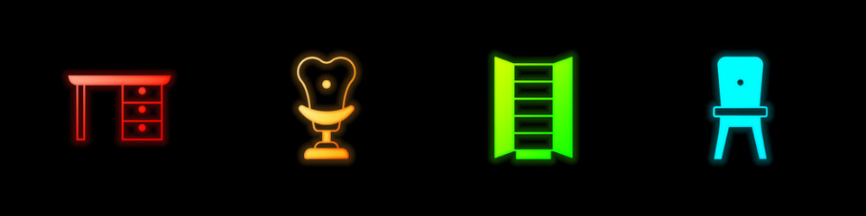 Set Office desk, Armchair, Wardrobe and Chair icon. Vector