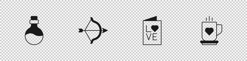 Set Bottle with love potion, Bow and arrow, Valentines day party flyer and Coffee cup heart icon. Vector