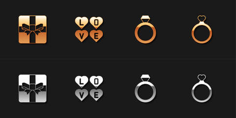 Set Gift box, Love text, Wedding rings and icon. Vector