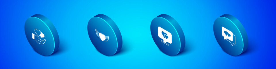 Set Isometric Heart in hand, Location with heart, speech bubble and wings icon. Vector