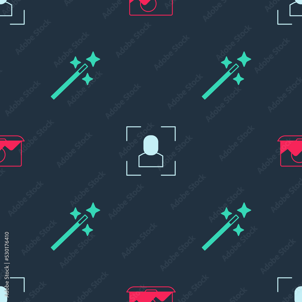 Poster set photo retouching, camera focus frame line and on seamless pattern. vector