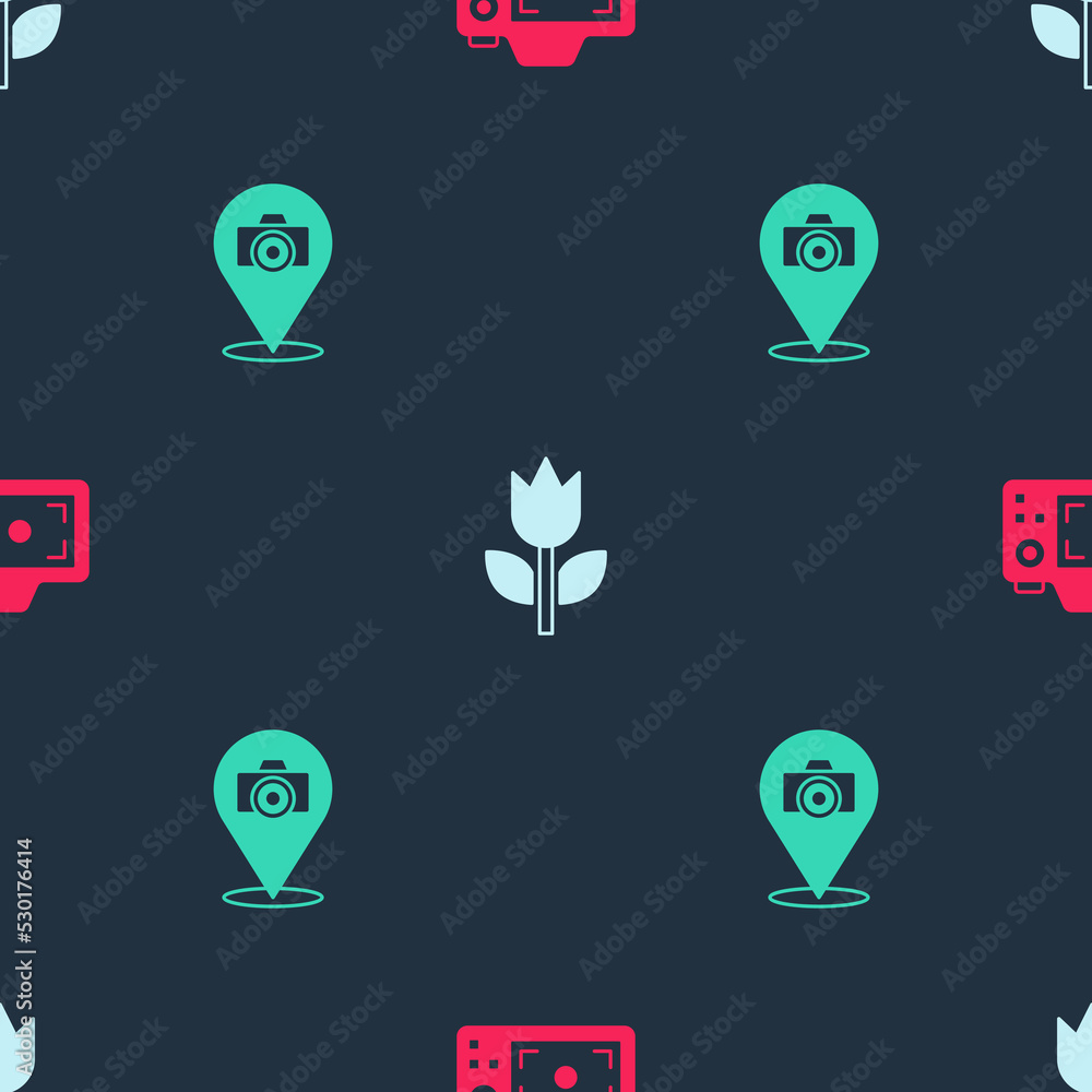 Poster set photo camera, mode macro and on seamless pattern. vector