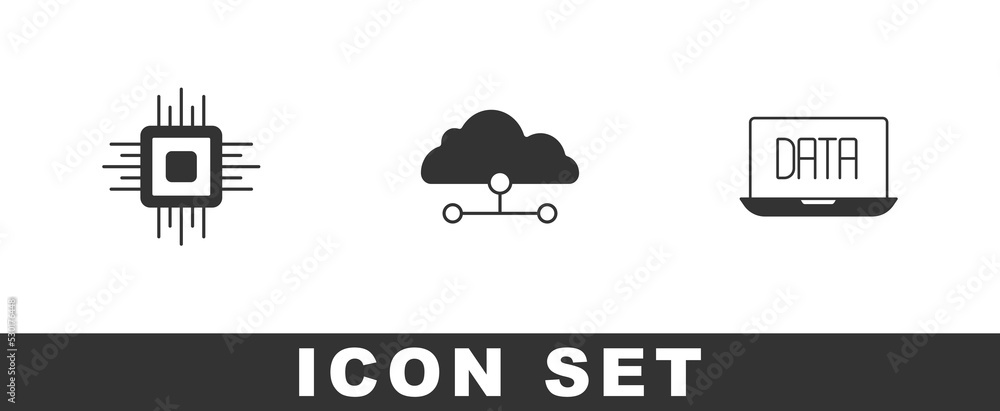 Poster Set Processor CPU, Network cloud connection and Data analysis icon. Vector