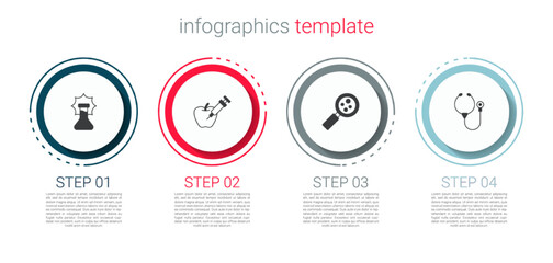 Set Explosion in the flask, Genetically modified apple, Microorganisms under magnifier and Stethoscope. Business infographic template. Vector