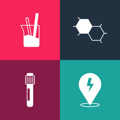 Set pop art Lightning bolt, Test tube, Chemical formula and Laboratory glassware icon. Vector