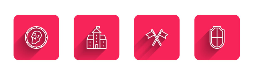 Set line Ancient coin, Castle, fortress, Crossed medieval flag and Shield with long shadow. Red square button. Vector
