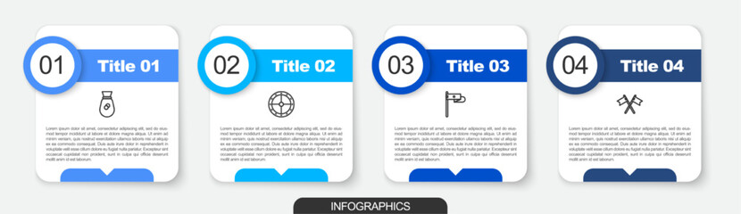 Set line Old money bag, Round wooden shield, Medieval flag and Crossed medieval. Business infographic template. Vector
