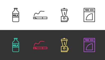 Set line Bottle with milk, Cigarette, Electric coffee grinder and Coffee paper filter on black and white. Vector