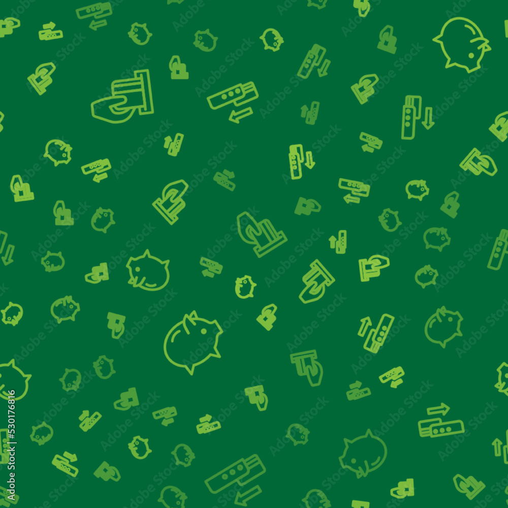 Poster set line credit card inserted, piggy bank and pos terminal on seamless pattern. vector