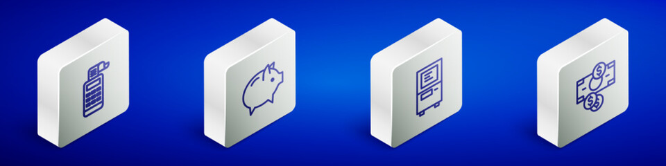 Set Isometric line Cash register machine, Piggy bank, ATM and Stacks paper money cash icon. Vector