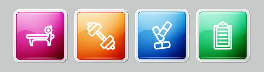 Set line Bench with barbel, Dumbbell, Vitamin pill and Sport training program. Colorful square button. Vector