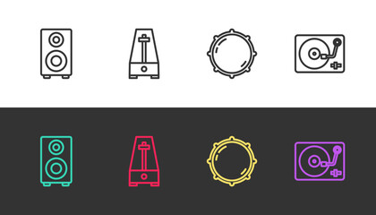 Set line Stereo speaker, Metronome with pendulum, Dial knob level and Vinyl player vinyl disk on black and white. Vector