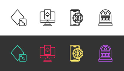 Set line Game dice, Online poker table game, and Slot machine with jackpot on black and white. Vector