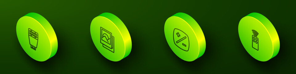 Set Isometric line Photo camera flash, frame, Exposure compensation and Remote control for icon. Vector