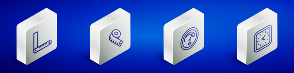 Set Isometric line Corner ruler, Measuring tape, Speedometer and Clock icon. Vector