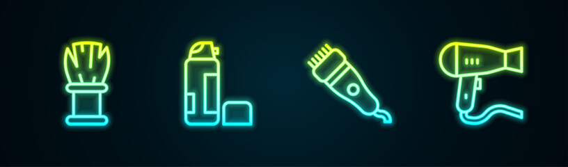 Set line Shaving brush, gel foam, Electrical hair clipper and Hair dryer. Glowing neon icon. Vector