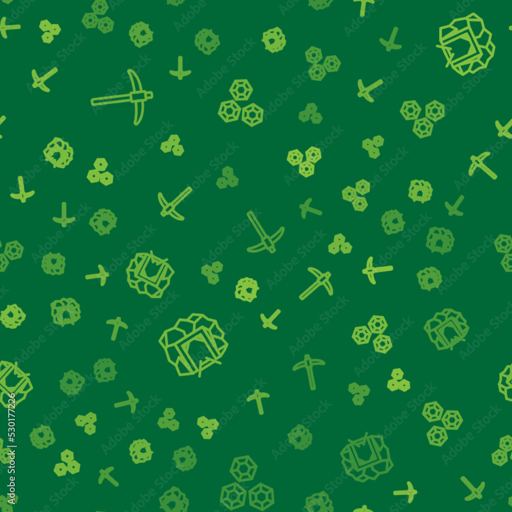 Poster set line pickaxe, mine entrance and gem stone on seamless pattern. vector