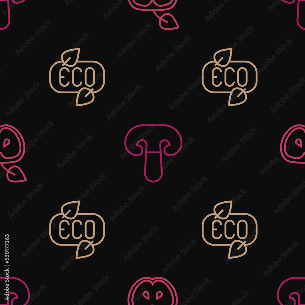 Poster set line apple, leaf eco symbol and mushroom on seamless pattern. vector