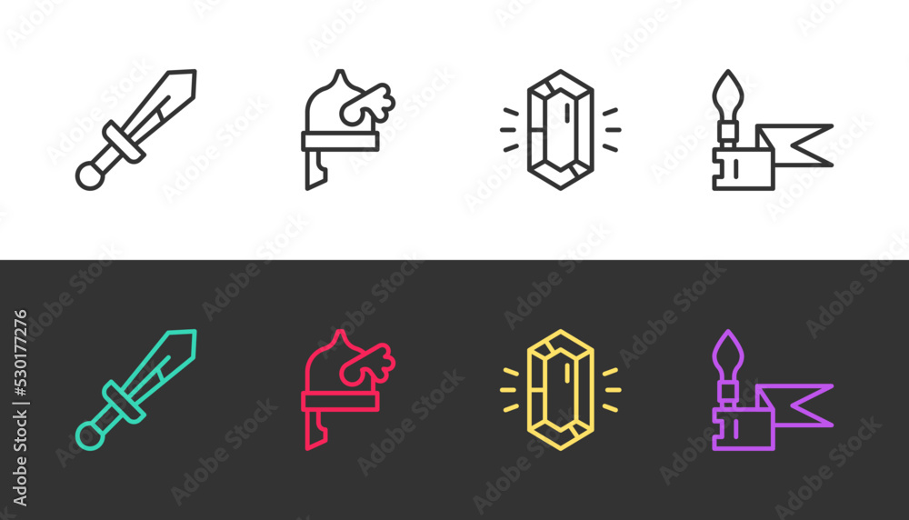 Sticker Set line Medieval sword, Viking in horned helmet, Gem stone and spear on black and white. Vector