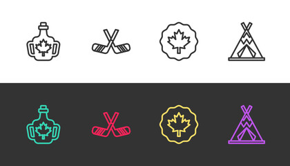 Set line Bottle of maple syrup, Ice hockey sticks, Canadian leaf and Indian teepee or wigwam on black and white. Vector © Kostiantyn