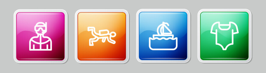 Set line Wetsuit for scuba diving, Scuba diver, Yacht sailboat and Swimsuit. Colorful square button. Vector