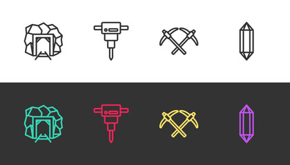 Set line Mine entrance, Construction jackhammer, Pickaxe and Gem stone on black and white. Vector