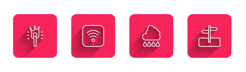 Set line Torch flame, Wi-Fi wireless internet, Cloud with rain and Road traffic sign with long shadow. Red square button. Vector