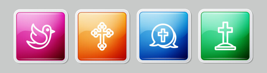 Set line Dove, Christian cross, and Grave with. Colorful square button. Vector