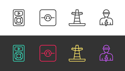Set line Music player, Ohmmeter, Electric tower line and Electrician on black and white. Vector