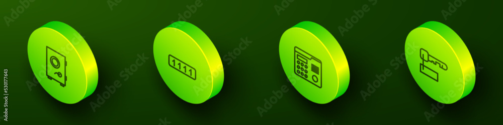 Aufkleber set isometric line safe, password protection, house intercom system and marked key icon. vector