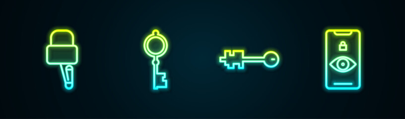 Set line Lock picks for lock picking, Old key, and Eye scan. Glowing neon icon. Vector