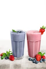 Glasses of berry smoothie or milkshake. Healthy breakfast drink