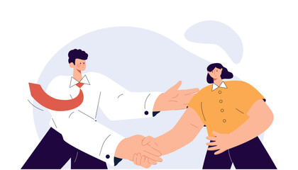 Business woman and man greeting with handshake. Happy partners, office colleagues shaking hands with respect at work.