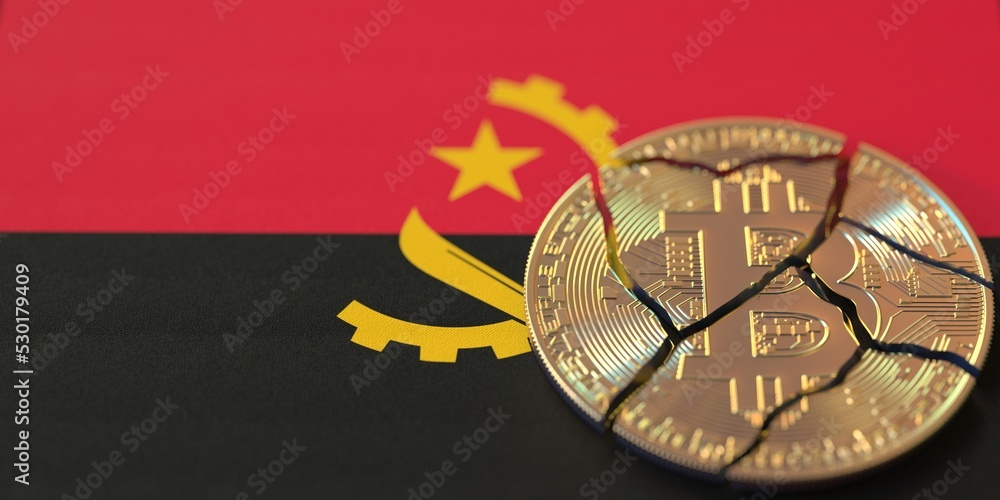 Poster flag of angola and destroyed bitcoin. cryptocurrency ban or restrictions related 3d rendering
