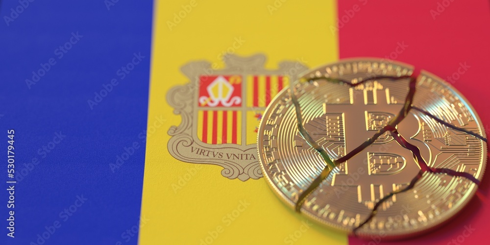 Poster flag of andorra and destroyed bitcoin. cryptocurrency ban or restrictions related 3d rendering
