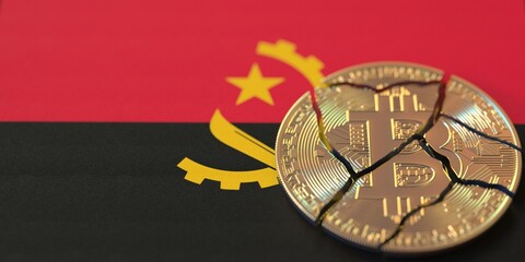 Fototapeta na wymiar Flag of Angola and destroyed bitcoin. Cryptocurrency ban or restrictions related 3d rendering
