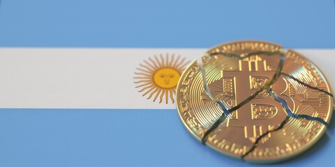 Flag of Argentina and destroyed bitcoin. Cryptocurrency ban or restrictions related 3d rendering