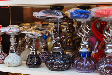 small nargile in istanbul shop. small souvenir hookahs for tourists in turkey. decorative shisha...