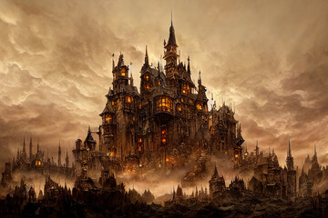 dark fantasy steampunk castle, created with generative ai - obrazy, fototapety, plakaty