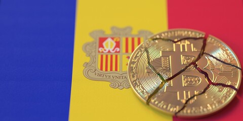 Flag of Andorra and destroyed bitcoin. Cryptocurrency ban or restrictions related 3d rendering