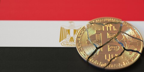 Flag of Egypt and destroyed bitcoin. Cryptocurrency ban or restrictions related 3d rendering